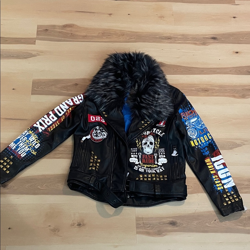 Black Leather Jacket with Fur Collar and Graphic Patches